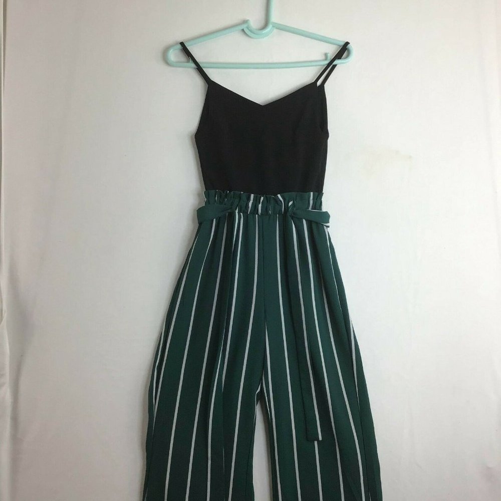Francesca's Mi Ami Womens Black Green Striped Belted Sleeveless Jumpsuit Size XS